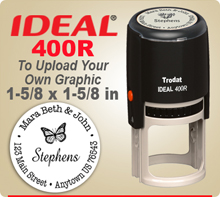 Ideal 400R is a durable self inking round stamp that is 1-5/8 inches round. This item code is for uploading your own pre designed graphic.