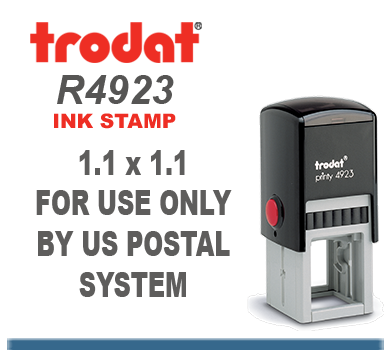 Trodat Printy 4923 Rubber Stamper. Copy space is a 1.1 by 1.1 inches square. The Printy 4923 size ships in 24 hours if order is in by 3;3 pm central.